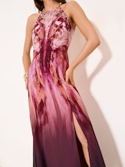 Lipsy Pink Butterfly Print Embellished Halter Tie Bead Maxi Dress - Image 2 of 5
