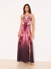 Lipsy Pink Butterfly Print Embellished Halter Tie Bead Maxi Dress - Image 3 of 5