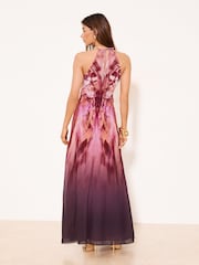 Lipsy Pink Butterfly Print Embellished Halter Tie Bead Maxi Dress - Image 5 of 5