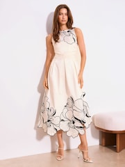 Lipsy White Mono Premium Floral Embrodiery Fit And Flare Midi Dress - Image 2 of 4
