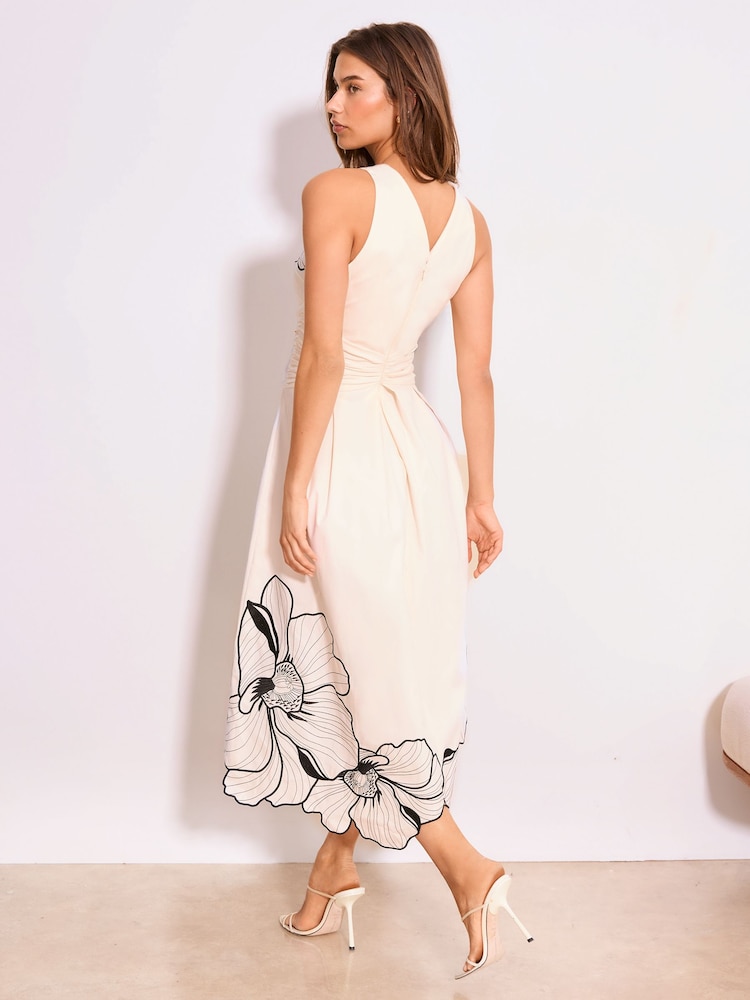 Lipsy White Mono Premium Floral Embrodiery Fit And Flare Midi Dress - Image 4 of 4