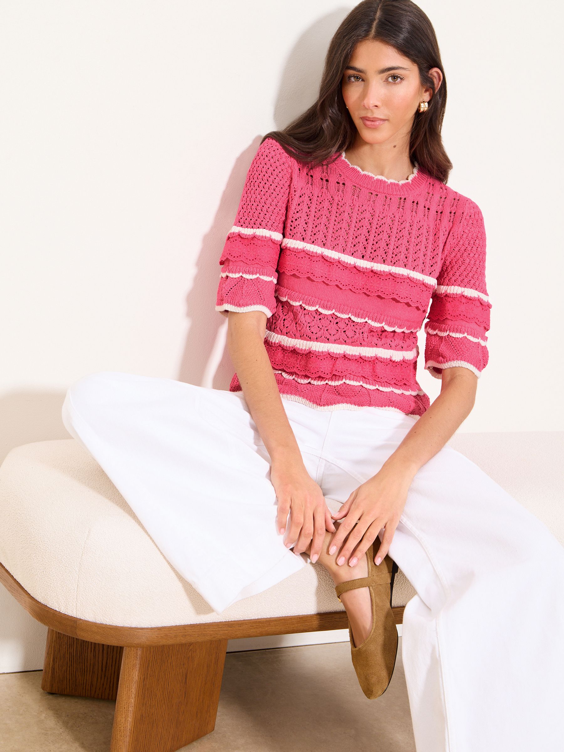 Buy Lipsy Pink/White Broderie Frill Crochet Knit Short Sleeve T
