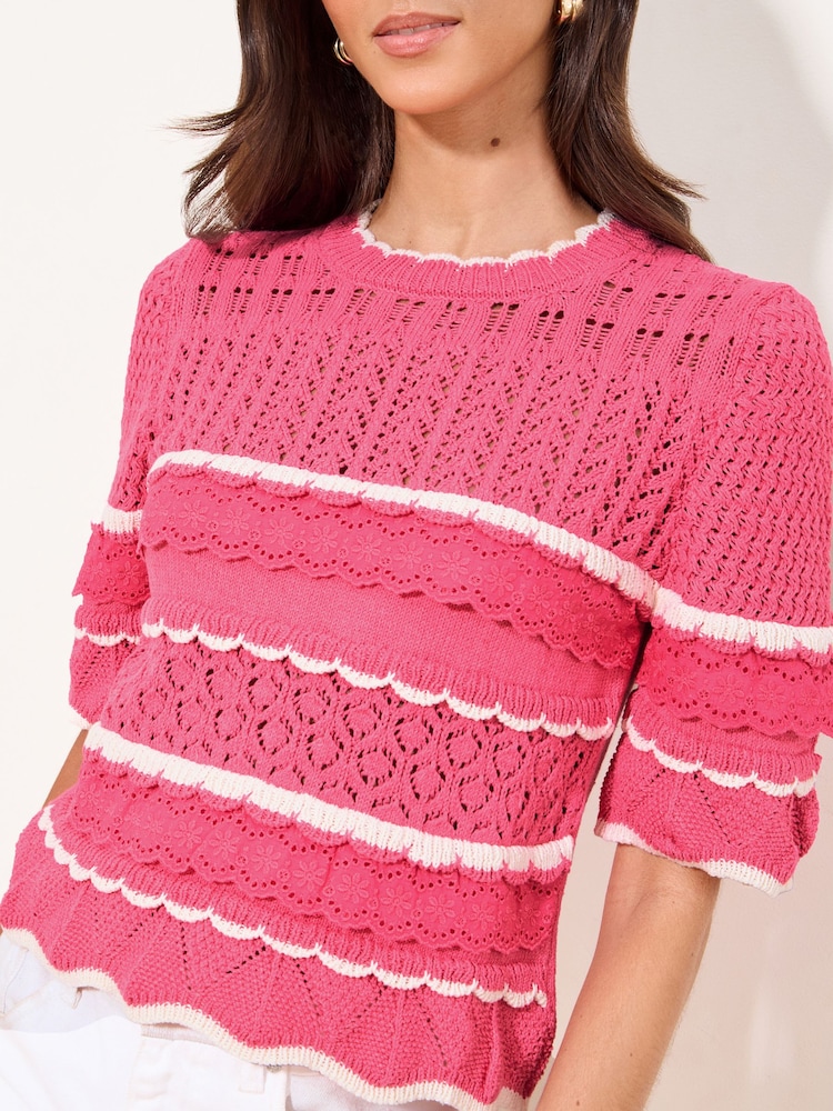 Lipsy Pink/White Broderie Frill Crochet Knit Short Sleeve T-Shirt - Image 2 of 4