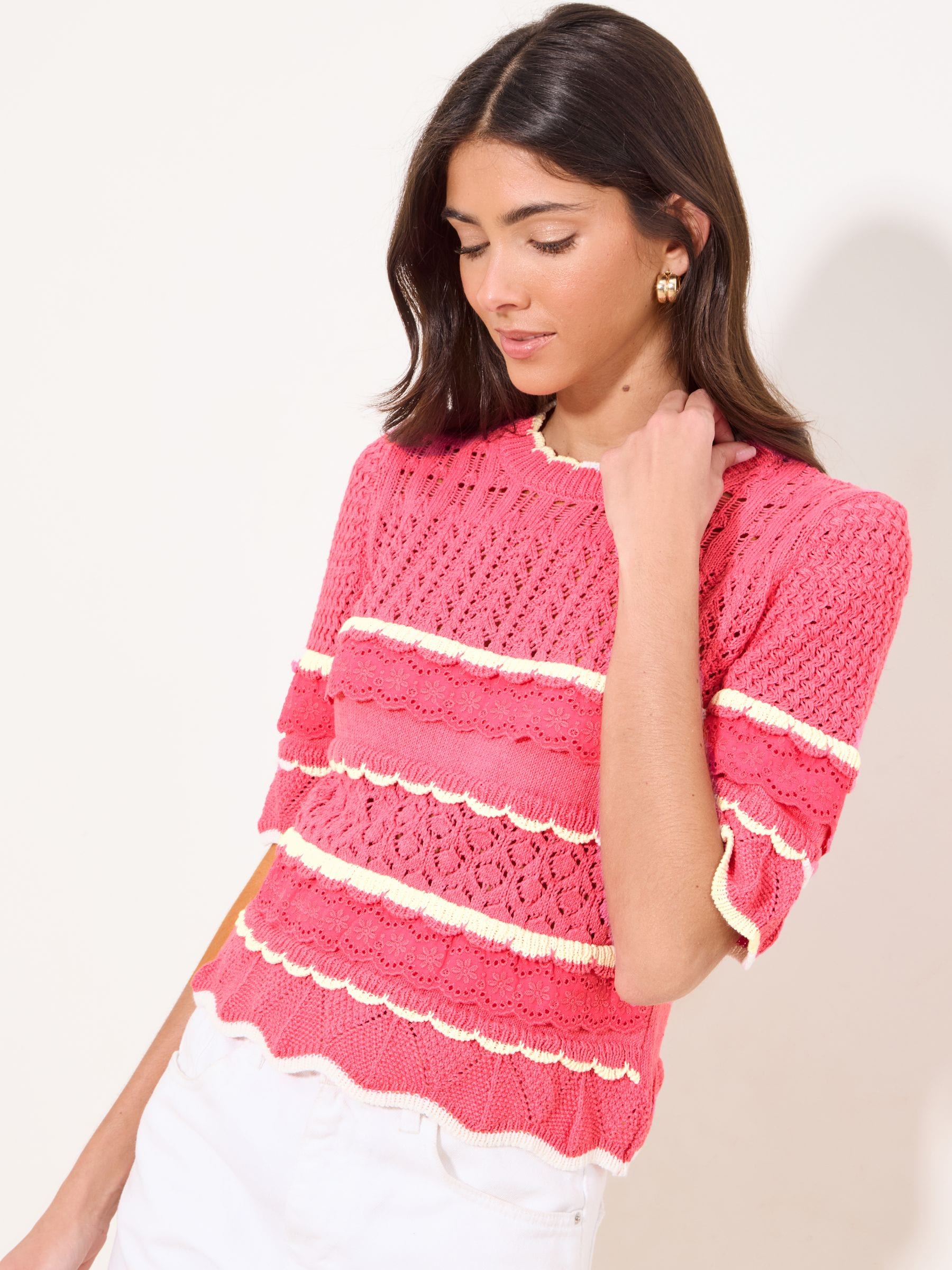 Buy Lipsy Pink/White Broderie Frill Crochet Knit Short Sleeve T