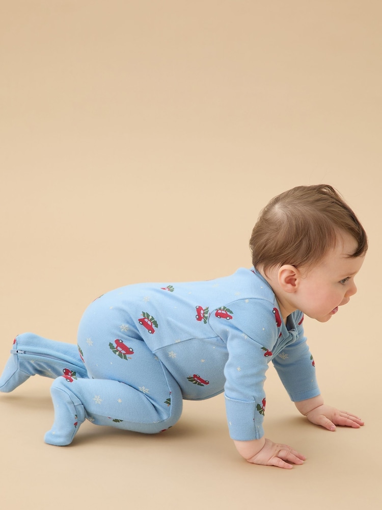 MORI Blue Snowy Car Supersoft Two Way Zip-Up Christmas Sleepsuit - Image 2 of 5 MORI Blue Snowy Car Supersoft Two Way Zip-Up Christmas Sleepsuit - Image 2 of 5