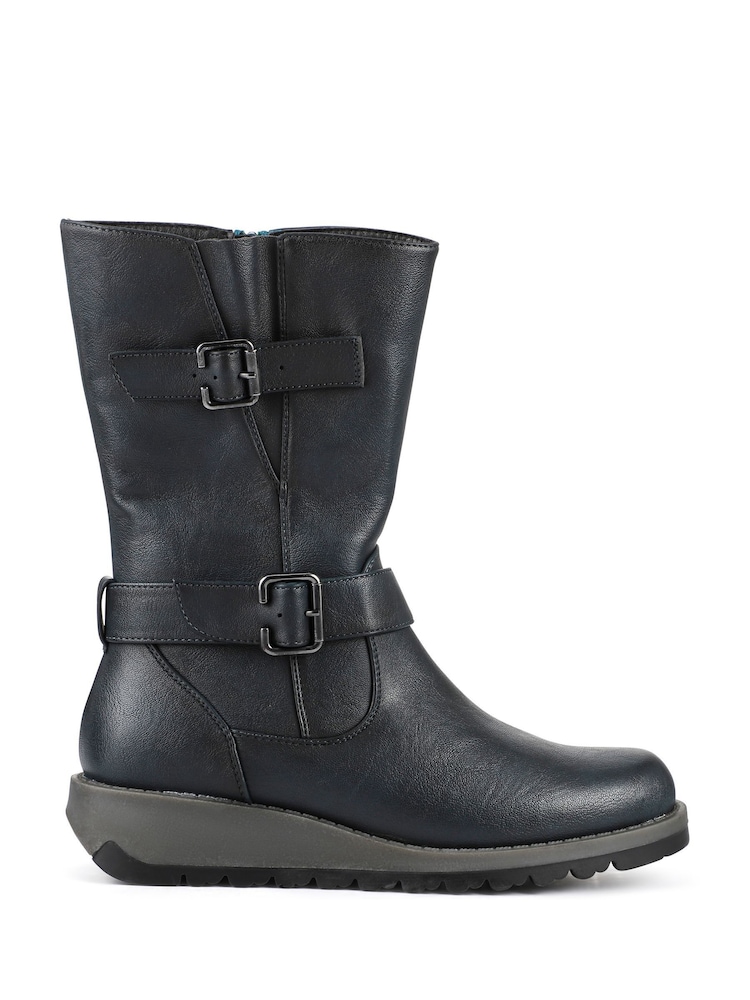 Pavers Blue Dual Buckle Calf Length Boots - Image 2 of 6
