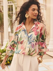 Love & Roses Blurred Floral Print Petite 3D Flower Notch Neck Long Sleeve Blouse - Image 1 of 4