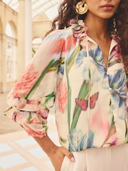 Love & Roses Blurred Floral Print Petite 3D Flower Notch Neck Long Sleeve Blouse - Image 3 of 4