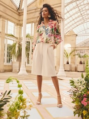 Love & Roses Blurred Floral Print Petite 3D Flower Notch Neck Long Sleeve Blouse - Image 4 of 4