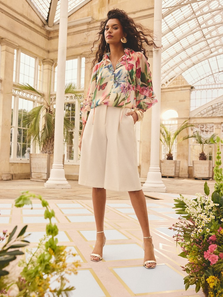 Love & Roses Blurred Floral Print Petite 3D Flower Notch Neck Long Sleeve Blouse - Image 4 of 4