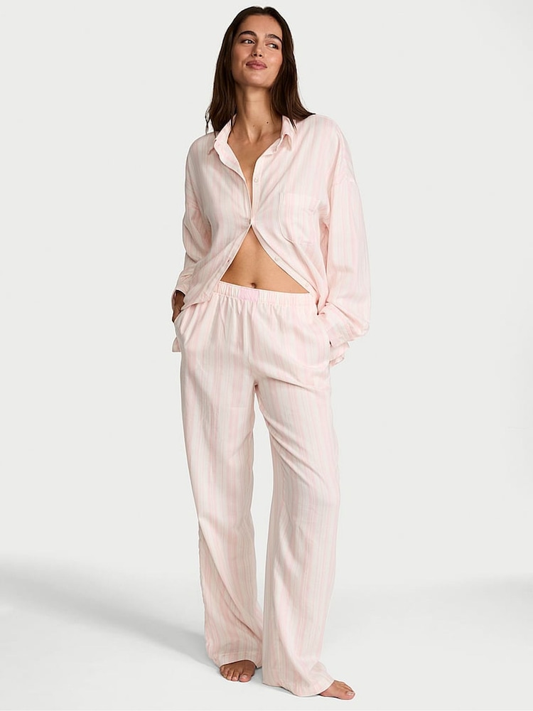 Victoria's Secret Pretty Blossom Pink Iconic Stripe Cotton Modal Long Pyjama Set - Image 1 of 2