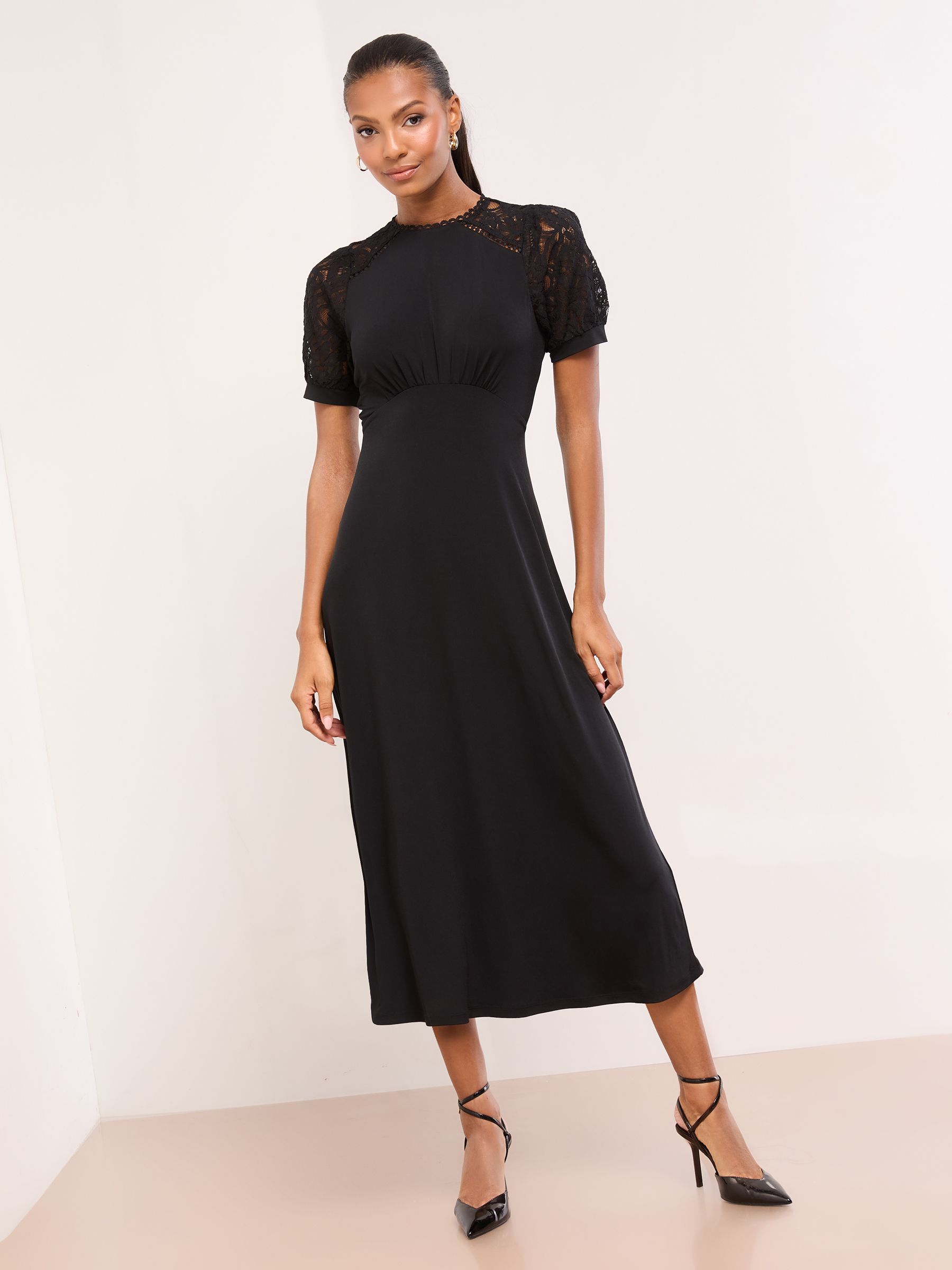 Womens Lipsy Black Lace Short Sleeve Underbust Midi Jersey Dress US 4 Womens Lipsy Black Lace Short Sleeve Underbust Midi Jersey Dress US 4
