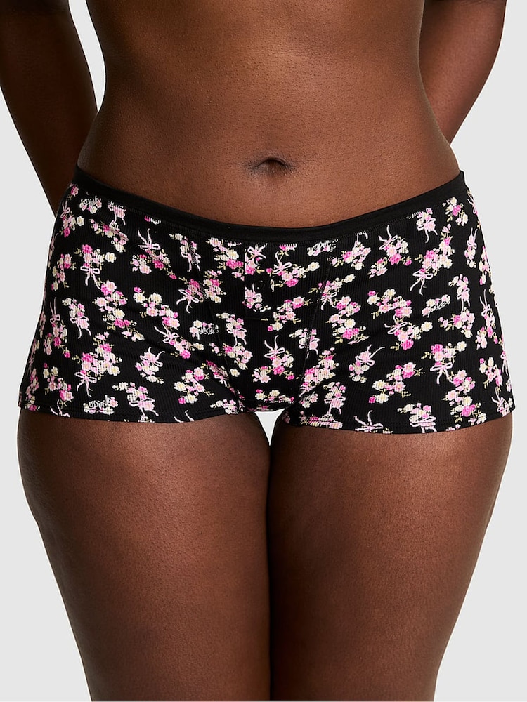 Victoria's Secret PINK Black Floral Print Boyshort Cotton Knickers - Image 1 of 2 Victoria's Secret PINK Black Floral Print Boyshort Cotton Knickers - Image 1 of 2