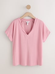 Pink V-Neck Premium Modal Short Sleeve Top - Image 1 of 3