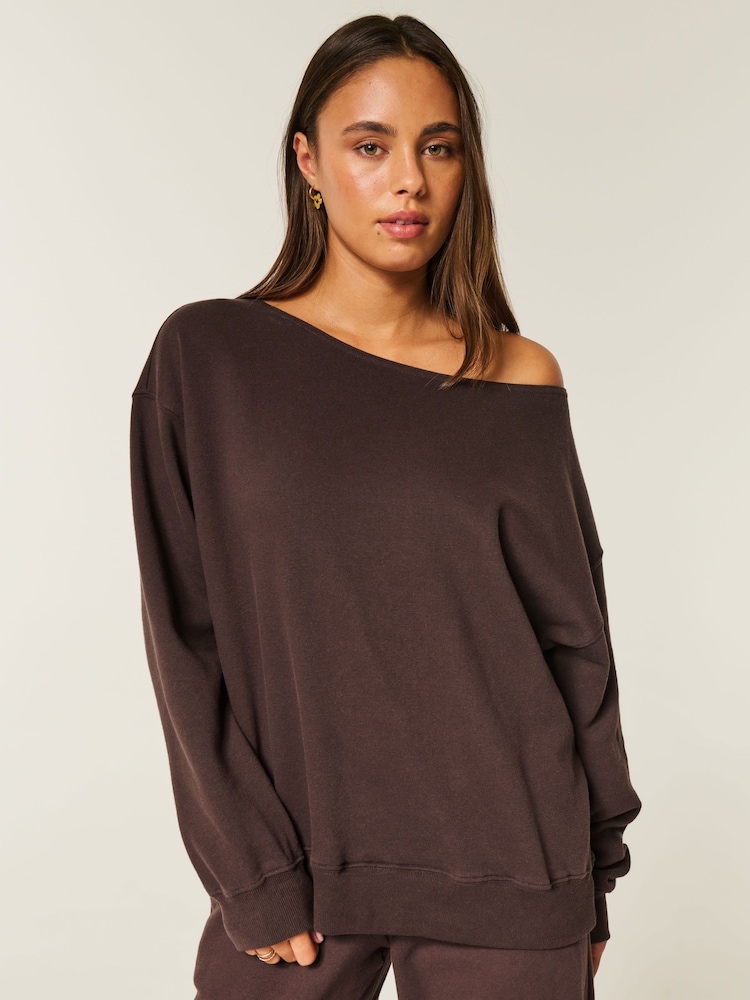 Hollister Brown One Shoulder Sweatshirt - Image 1 of 3 Hollister Brown One Shoulder Sweatshirt - Image 1 of 3
