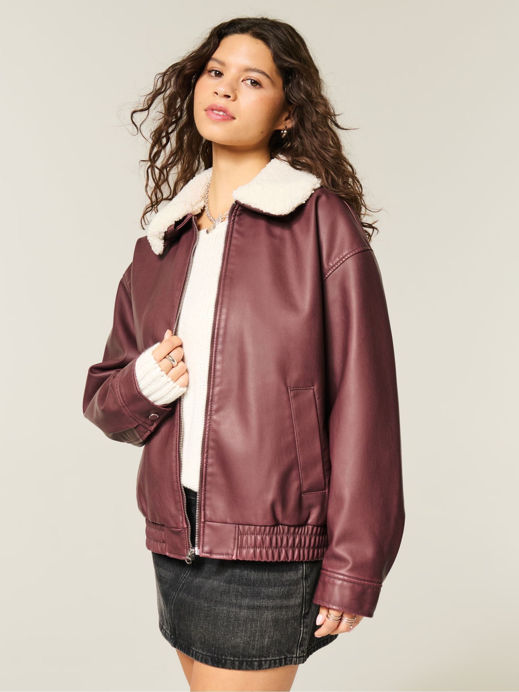 Buy Hollister Red Faux Leather Bomber Jacket With Removable Collar