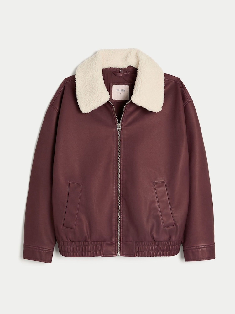 Hollister Faux Leather Bomber Jacket With Removable Collar - Image 1 of 2 Hollister Faux Leather Bomber Jacket With Removable Collar - Image 1 of 2