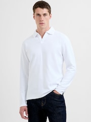 French Connection White Cotton Long Sleeve Ottoman Open V-Neck Collar Polo Shirt - Image 2 of 6