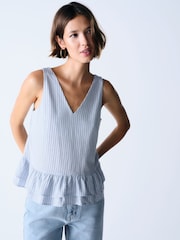 The Set 3 Pack V-Neck Frill Blouses with Linen Navy Blue/Cream/Blue Stripe - Image 5 of 11