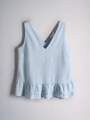 The Set 3 Pack V-Neck Frill Blouses with Linen Navy Blue/Cream/Blue Stripe - Image 8 of 11