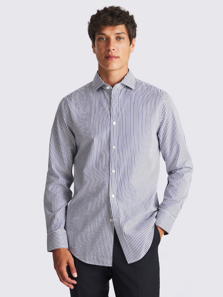 MOSS Tailored Fit Navy Blue Stripe Non Iron Shirt - Image 1 of 3 MOSS Tailored Fit Navy Blue Stripe Non Iron Shirt - Image 1 of 3