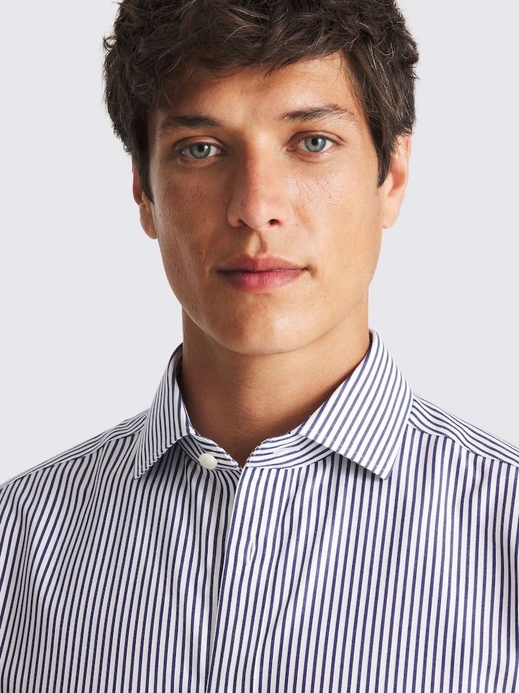 MOSS Tailored Fit Navy Blue Stripe Non Iron Shirt - Image 2 of 3 MOSS Tailored Fit Navy Blue Stripe Non Iron Shirt - Image 2 of 3