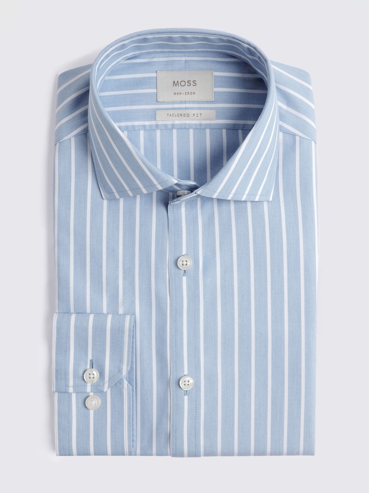 MOSS Tailored Fit Blue Wide Stripe Non Iron Shirt - Image 3 of 3 MOSS Tailored Fit Blue Wide Stripe Non Iron Shirt - Image 3 of 3