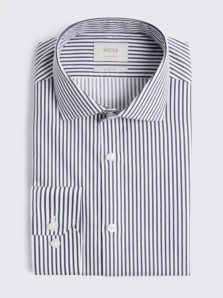 MOSS Slim Fit Navy Blue Stripe Non Iron Shirt - Image 3 of 3 MOSS Slim Fit Navy Blue Stripe Non Iron Shirt - Image 3 of 3