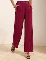 Friends Like These Burgundy Red Petite Wide Leg Trousers with Linen - Image 2 of 5