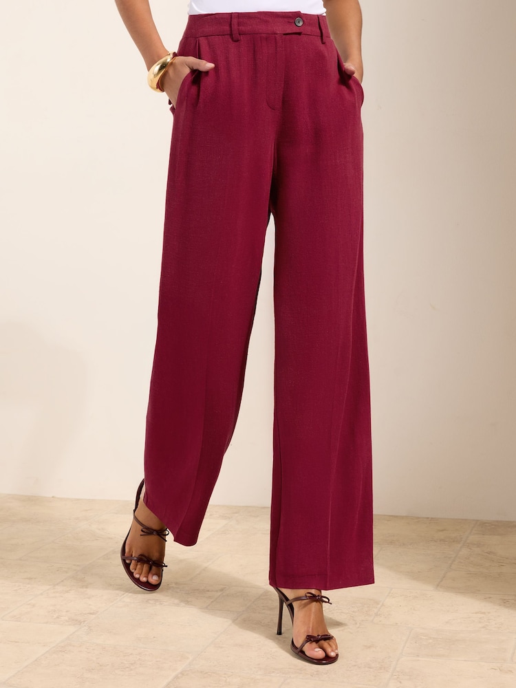 Friends Like These Burgundy Red Petite Wide Leg Trousers with Linen - Image 2 of 5