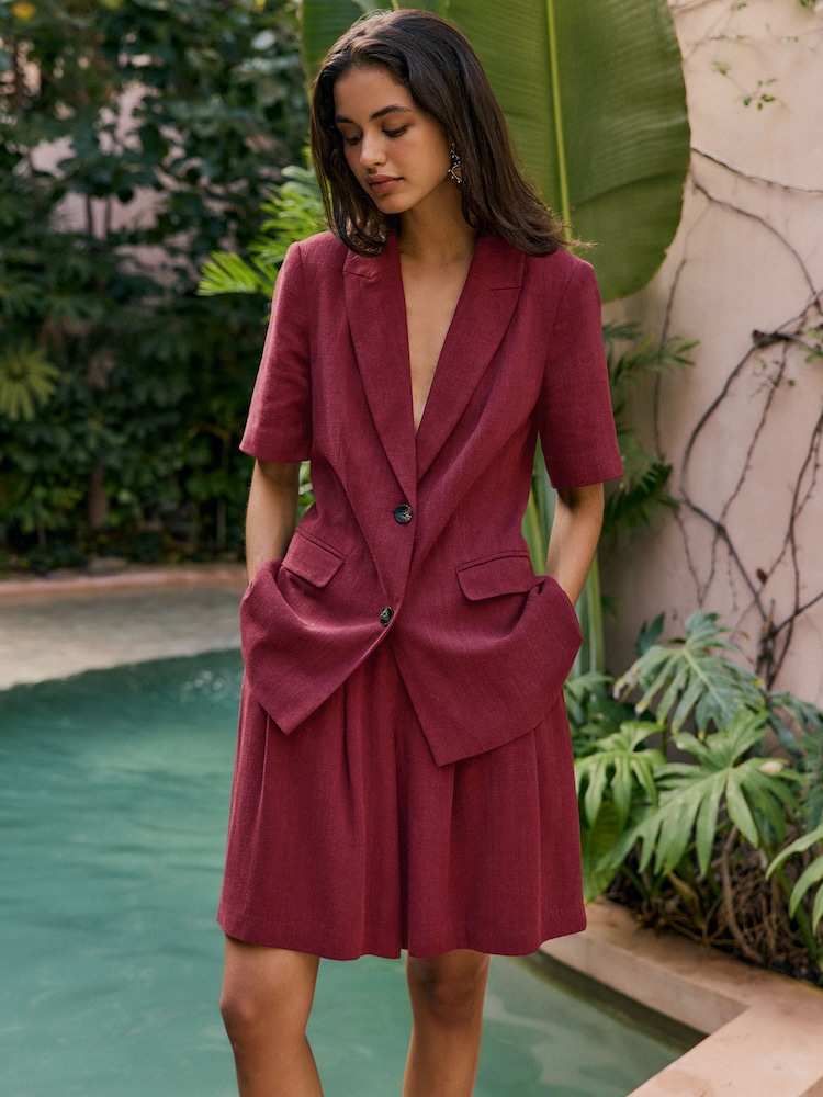 Friends Like These Burgundy Red Tailored Short Sleeve Blazer with Linen - Image 1 of 4