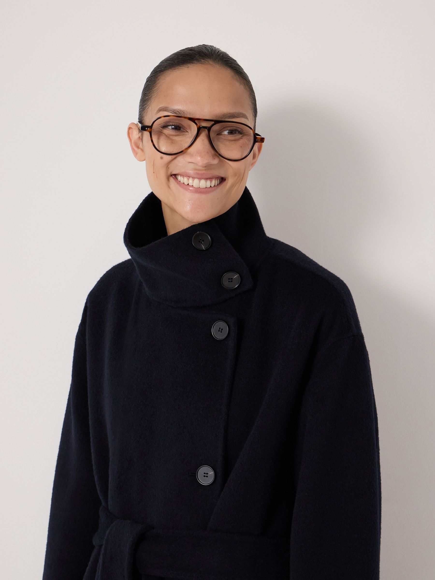 Buy Hush Dark Navy Pure Wool Double Faced Funnel Neck Belted Coat