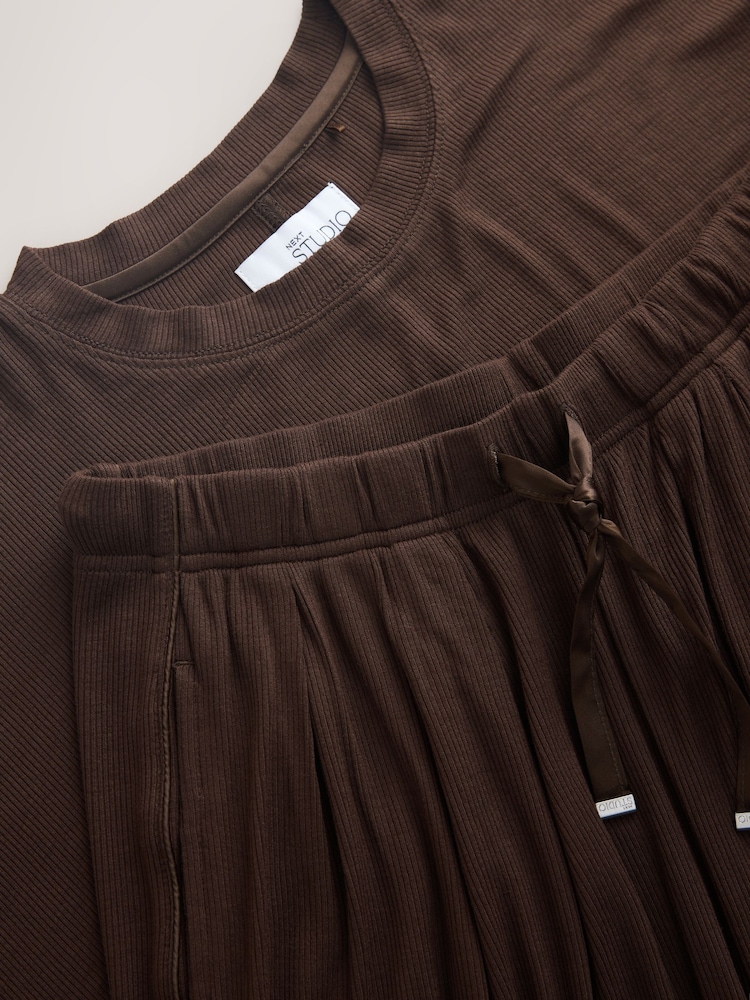 Chocolate Brown Ribbed Short Sleeve Pyjamas - Image 5 of 5