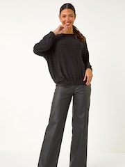 Roman Black Bubble Hem Textured Stretch Blouse - Image 3 of 5