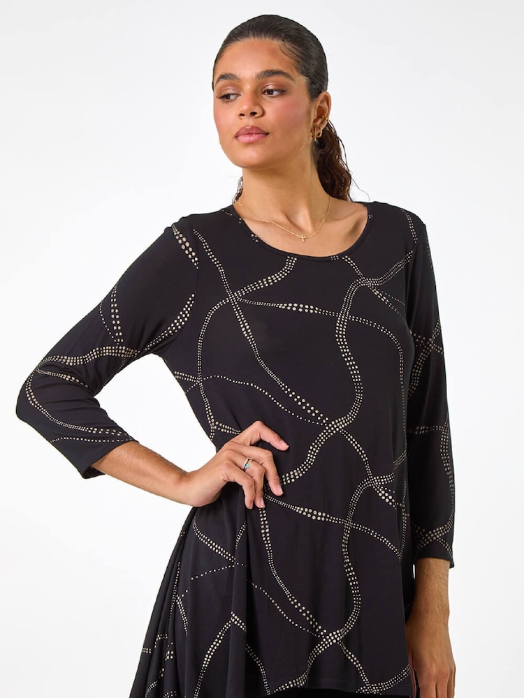 Roman Black Abstract Print Hanky Hem Stretch Blouse - Image 2 of 5