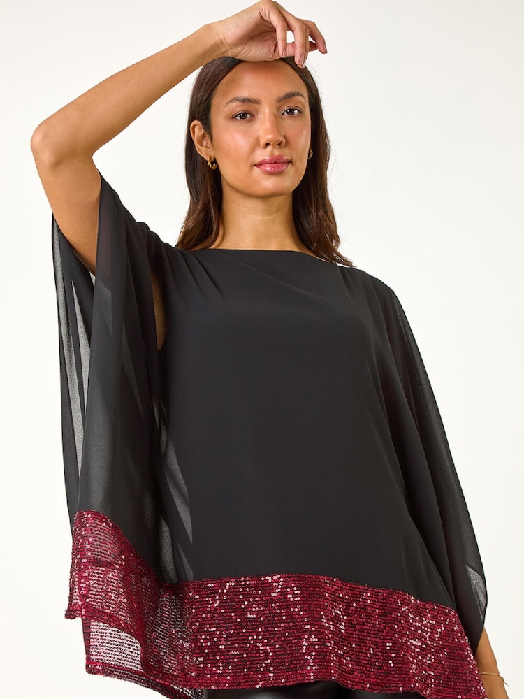 Roman Red Sequin Hem Contrast Tunic Top - Image 1 of 5 Roman Red Sequin Hem Contrast Tunic Top - Image 1 of 5