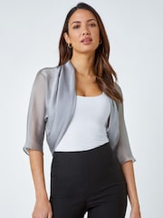 Roman Grey 3/4 Sleeve Ruched Hem Chiffon Bolero Blouse - Image 1 of 5