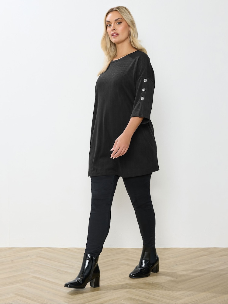 Yours Curve Black Ribbed Button Detail Top - Image 2 of 5 Yours Curve Black Ribbed Button Detail Top - Image 2 of 5