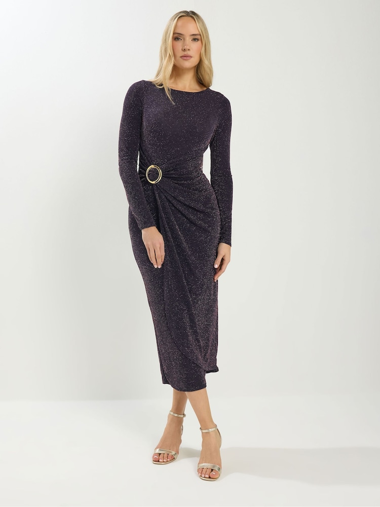 أسود كروم - فستان متوسط الطول بكُم طويل ومزين بإبزيم من Long Tall Sally - صورة 1 من 5