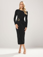 Long Tall Sally Black Long Sleeve Buckle Midaxi Dress - Image 1 of 5