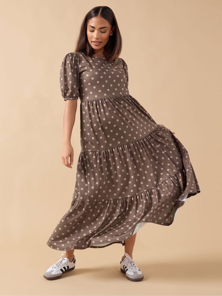 PixieGirl Petite Brown Spot Tiered Midi Dress - Image 2 of 5 PixieGirl Petite Brown Spot Tiered Midi Dress - Image 2 of 5