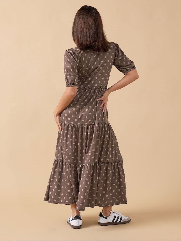 brown tiered midi dress Brown 100% Cotton Halter Neck Tier Midi Dress 34