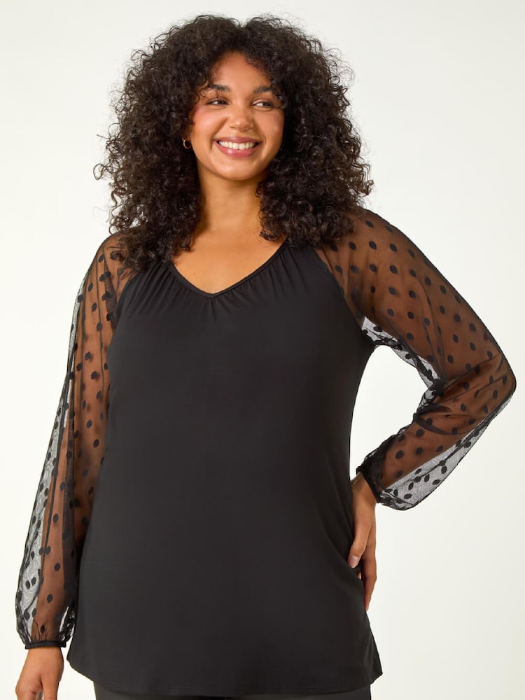 Roman Black Curve Mesh Spot Sleeve Tunic Top - Image 1 of 5