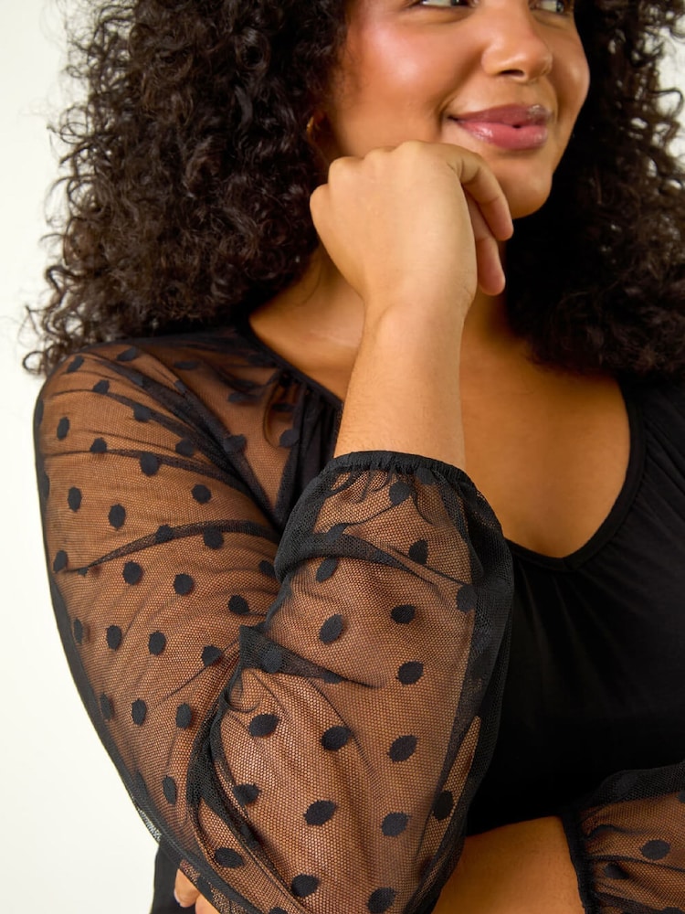 Roman Black Curve Mesh Spot Sleeve Tunic Top - Image 2 of 5
