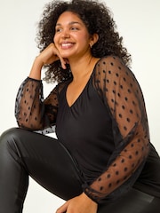 Roman Black Curve Mesh Spot Sleeve Tunic Top - Image 3 of 5