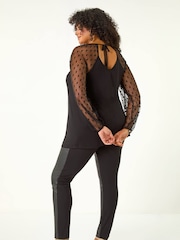Roman Black Curve Mesh Spot Sleeve Tunic Top - Image 4 of 5