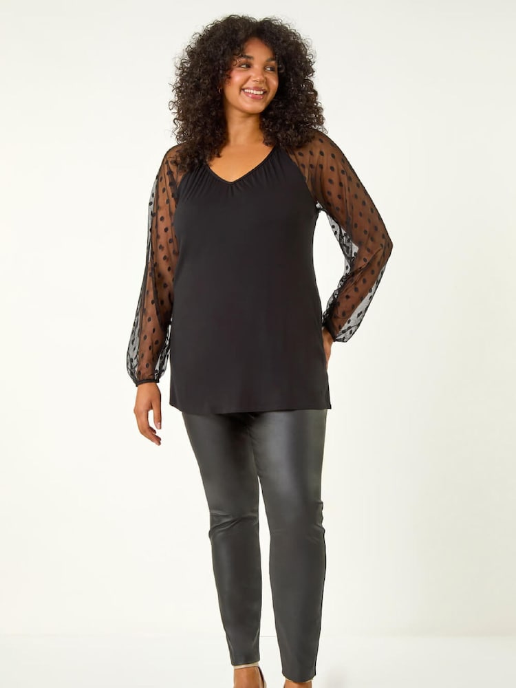 Roman Black Curve Mesh Spot Sleeve Tunic Top - Image 5 of 5