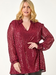 Roman Curve Sequin V-Neck Stretch Shirt - Imagem 1 de 5