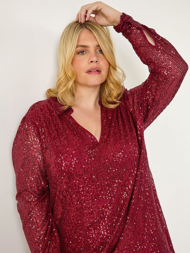 Roman Curve Sequin V-Neck Stretch Shirt - Imagem 2 de 5
