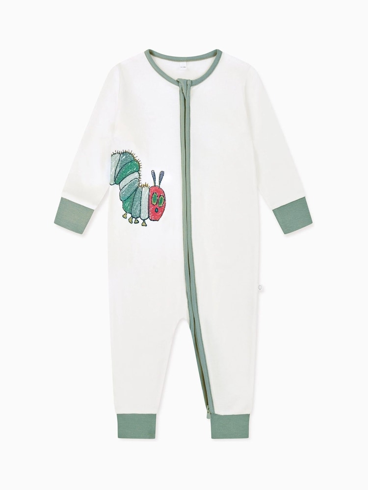 Mori Supersoft Very Hungry Caterpillar Placement Print Two Way Zip Sleepsuit - Image 1 of 3 Mori Supersoft Very Hungry Caterpillar Placement Print Two Way Zip Sleepsuit - Image 1 of 3